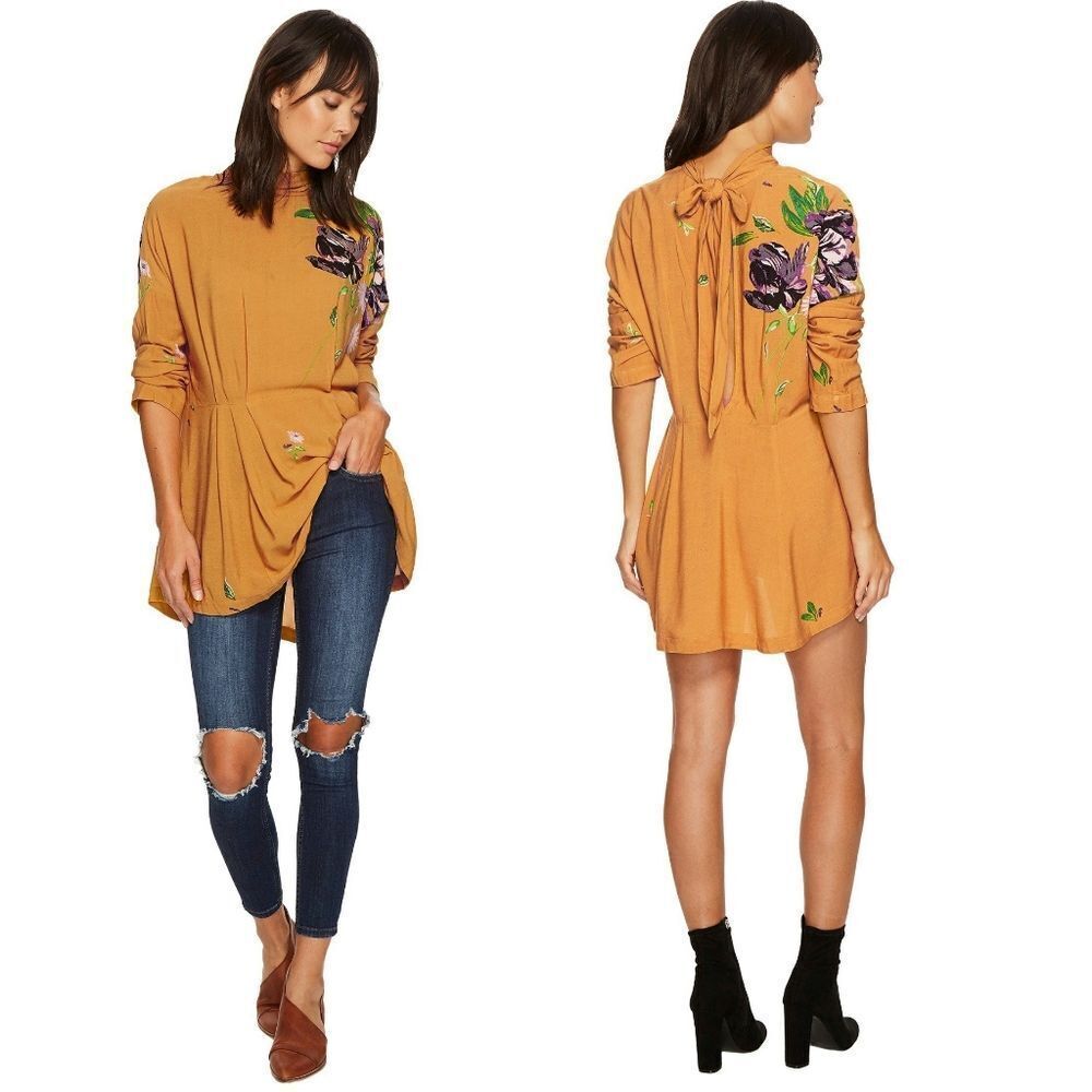 New! FREE PEOPLE Gemma Floral Tunic Top Shirt Long Sleeve Tie-Back Color Mustard